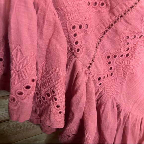 House of Harlow 1960 Dress Sz L Coral Mauve Salmon Eyelet Embroidered Boho Mini - Picture 5 of 10